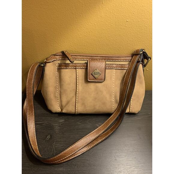 Vintage b.o.c. BORN Crossbody Purse 2 Tone Tan Faux‎ Suede Double Strap - Picture 1 of 15